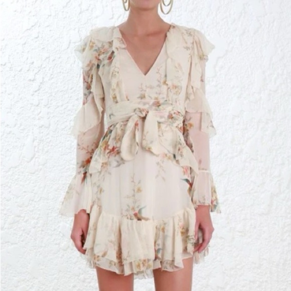 ZIMMERMAN folly flutter belted georgette silk ruffle bird dress  small